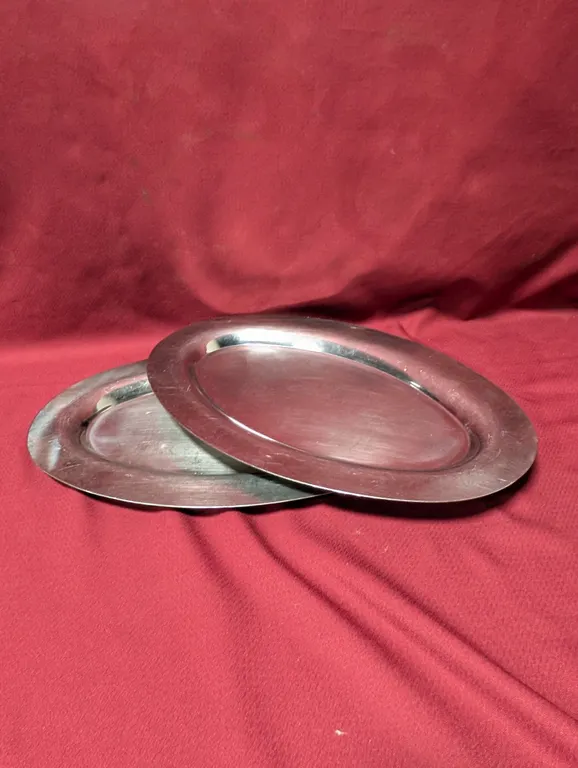(2) Stainless Steel Oval Serving Trays - 17.25" x 11.5"