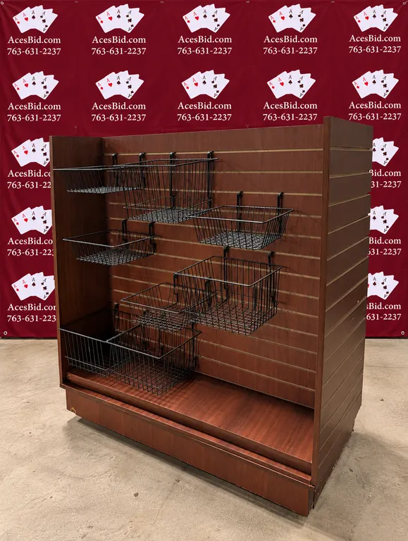 Dual Sided Laminate Merchandiser with Baskets and Hooks - 49" x 24" x 56"
