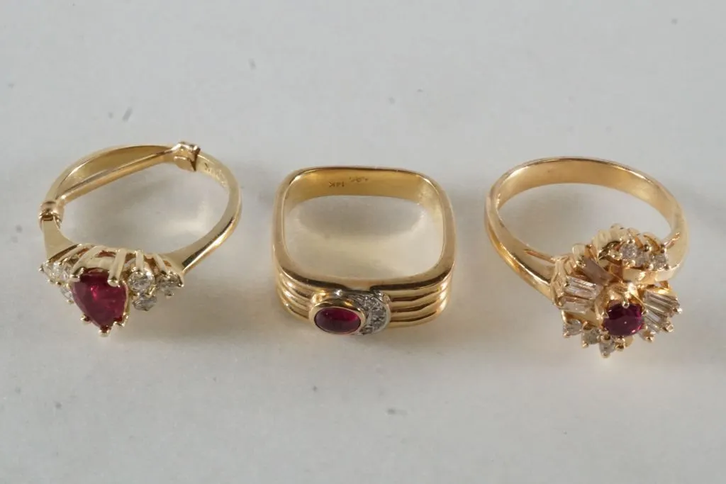 Lot of (3) 14k Yellow Gold Rings w/Diamonds & Red Stones