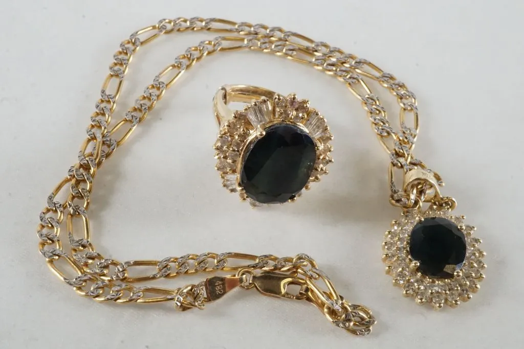 Lot of 14k Yellow Gold Jewelry w/Diamonds & Blue Stones
