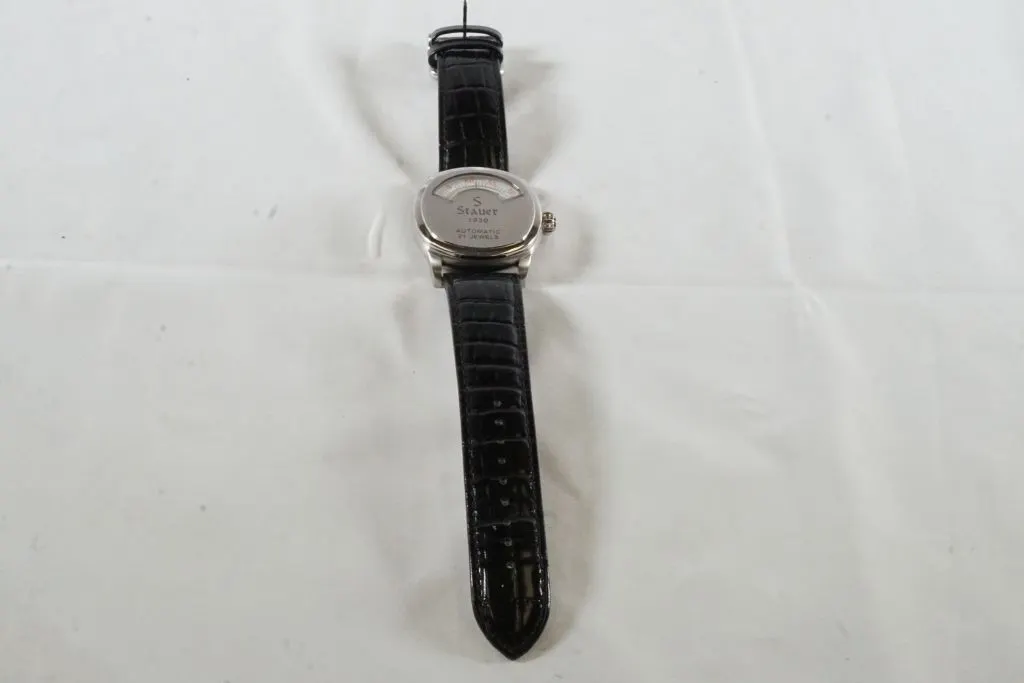 White Metal Stauer Watch w/Black Band