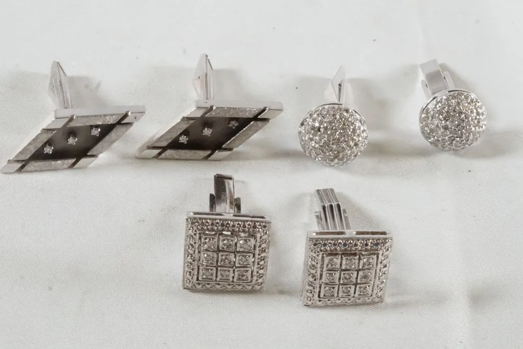 Lot of (3) Sets of 14k White Gold Cufflinks w/Diamonds