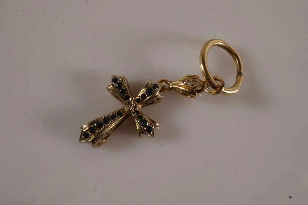 14k Yellow Gold Cross Pendant w/Diamond & Blue Stones