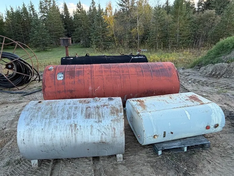 (4) Fuel/Oil Tanks, (1) Antique Esso 300 gal Tank