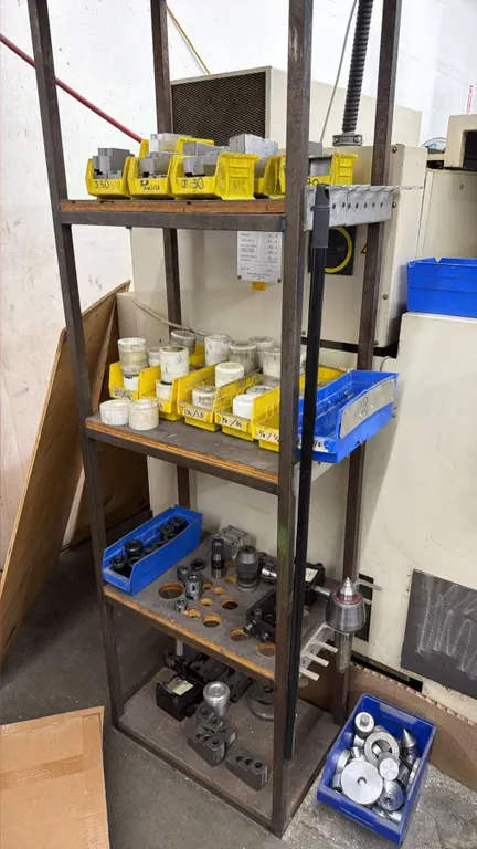 4-TIER METAL SHELVING UNIT WITH ASSORTED METAL LATHE ATTACHMENTS CONTENTS