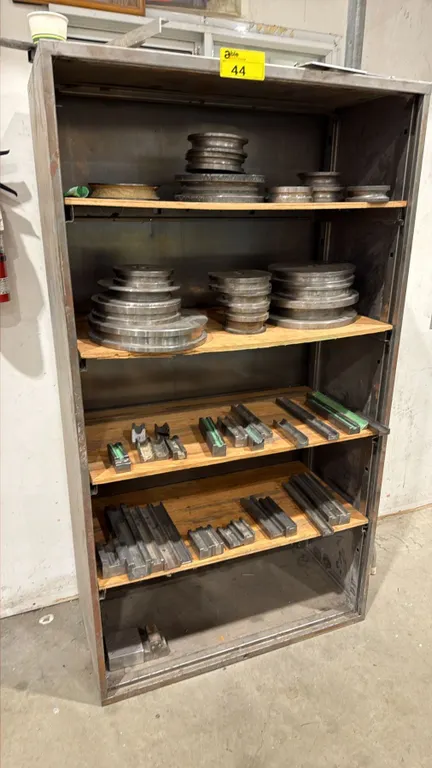 6-TIER SHELVING UNIT WITH ASSORTED PRESS BRAKE DIES & GROOVED ROLLERS
