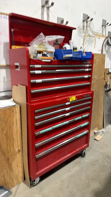 HUSKY 10 DRAWER PORTABLE TOOLBOX WITH ASSORTED CONTENTS INCLUDING; LEVELS, HUSKY 10-PC COMBINATION