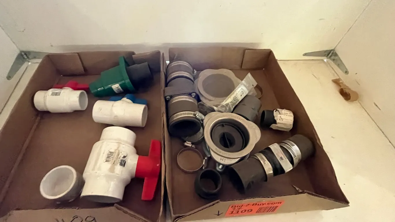Assorted Drain Trap, PVC Valves, Couplings