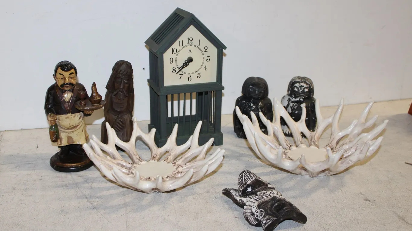 Clock, Figurines & Antler Candle Holders