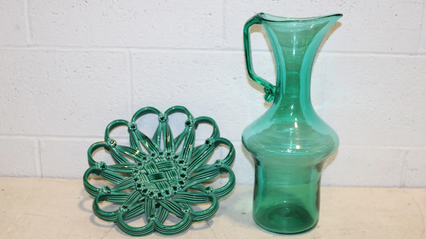 Green Glass Pitcher & Ceramic Basket