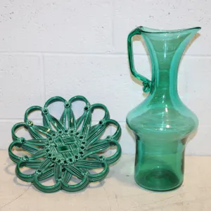 Green Glass Pitcher & Ceramic Basket