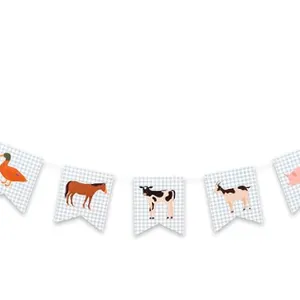 Farm Animals Banner Blue Gingham Pattern Bunting Goose, Duck, Horse, Cow, Sheep & Pig