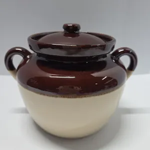 Brown & Cream Stoneware Bean Pot with Lid
