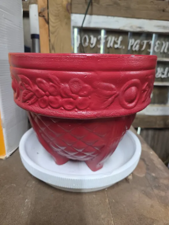Large Red Decorative Planter and Bird Bath Top