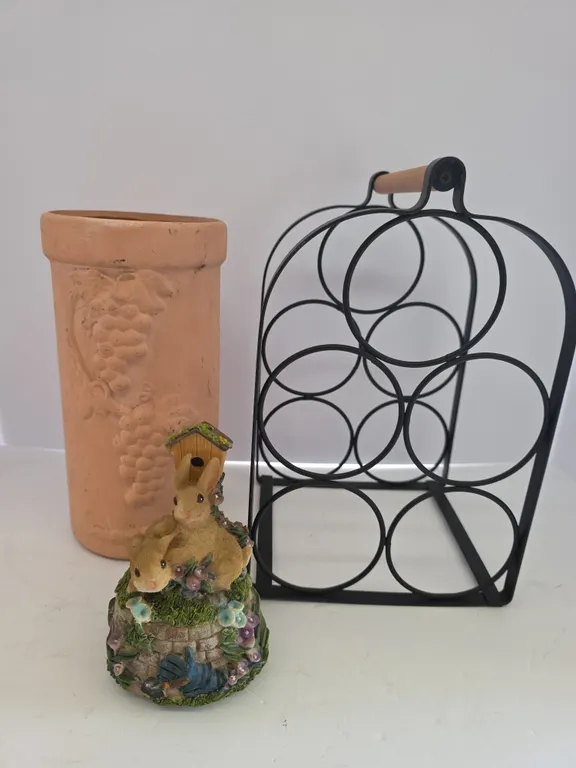 Decorative Pottery Vase & Metal Wine Rack with Bunny Figurine