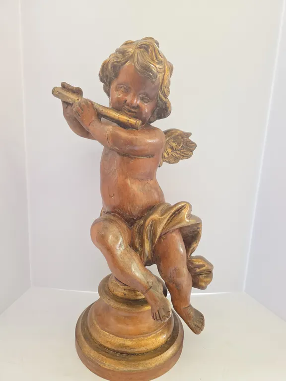 Large Wooden Cherub / Angel Figurine on Pedestal
