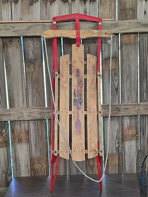 Vintage Wooden & Red Metal Sled