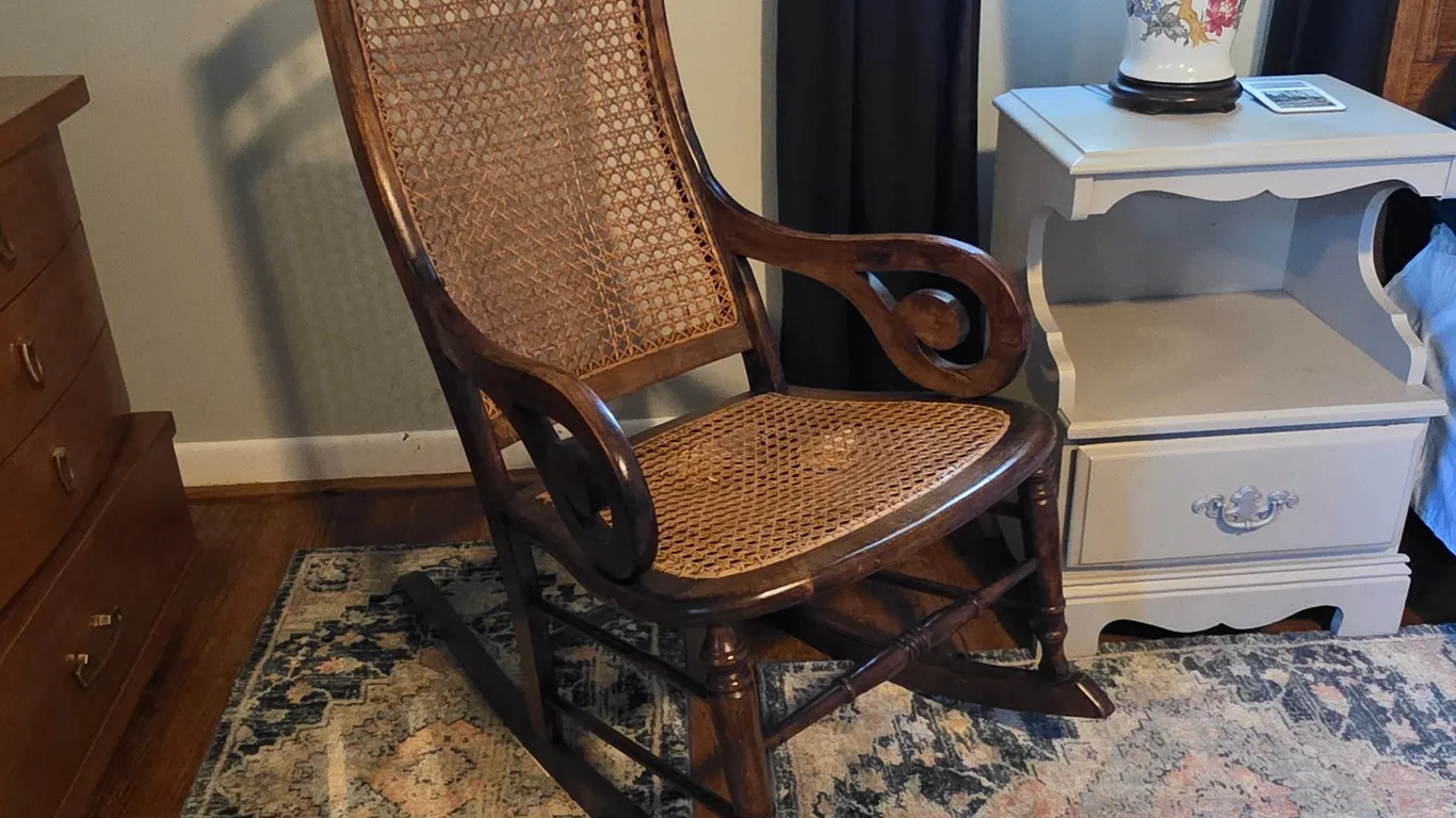 Vintage Victorian Style Dark Wood Rocking Chair with Woven Cane Back and Seat