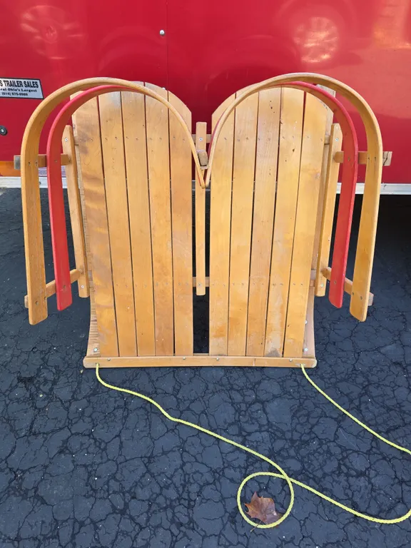 Vintage Wooden Pull Sled Red Runners Rustic Winter Holiday Decor Double Seater