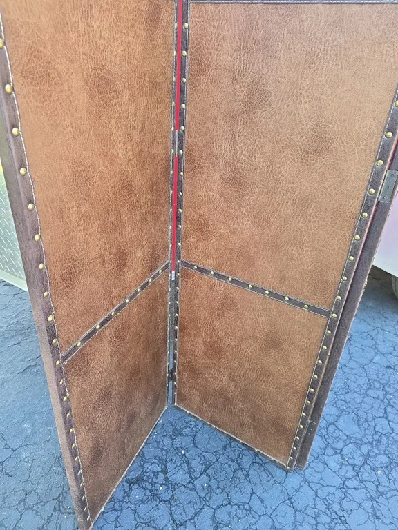 3 Panel Folding Privacy Screen Brown Leather Brass Nailhead Trim
