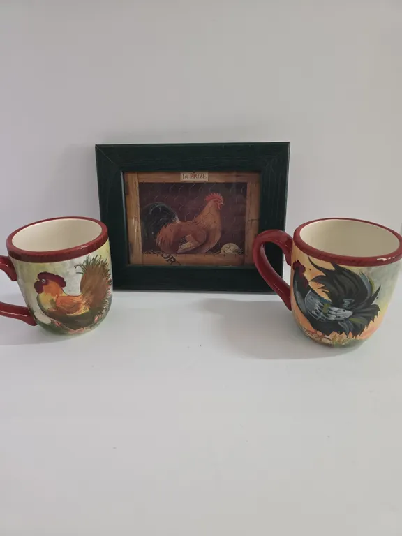 Rooster Mugs & Framed Kitchen Decor