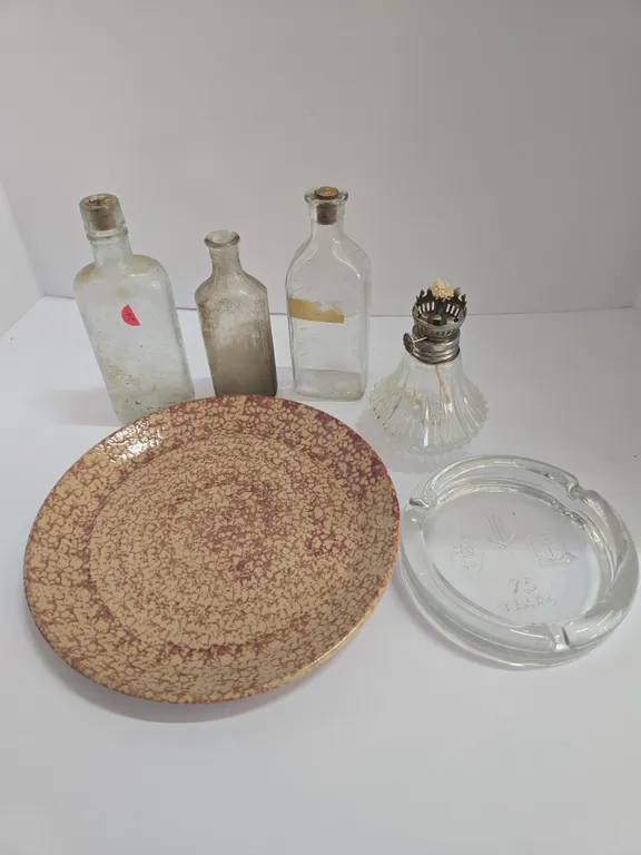 Vintage Glass Bottles & Decorative Plate