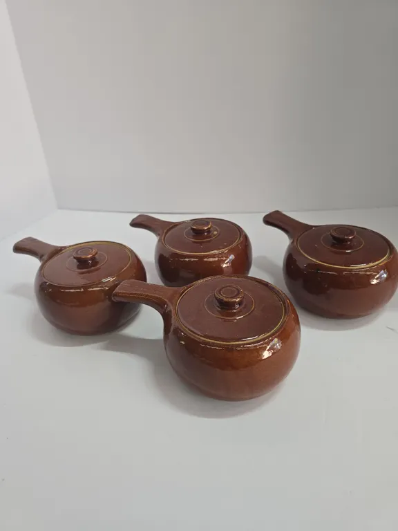 4 Oven Ware Made in the USA Brown Pottery Individual Casserole Dishes with Lids. Bean pots
