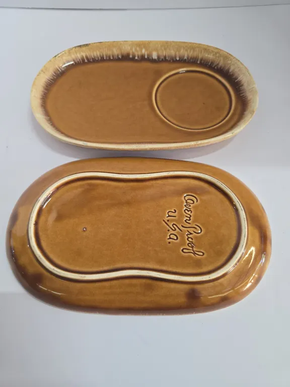Two Oven Proof USA Brown Stoneware Serving Platters