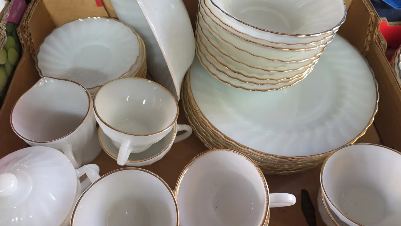 Large Lot of Fire King White Milk Glass Cups, Bowls & Plates