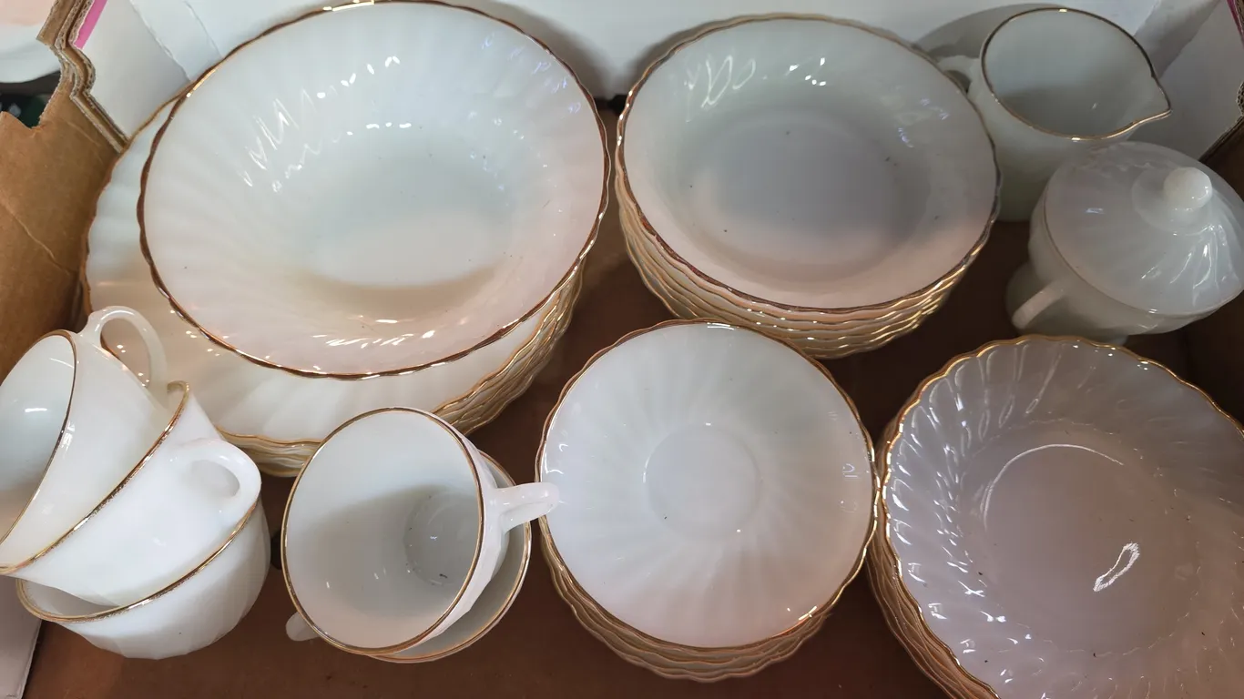 Large Lot of Anchor Hocking White Milk Glass Dinnerware & Cups