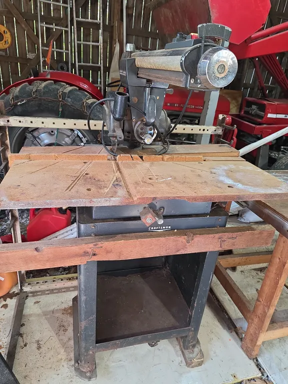 Tested and Works Craftsman 10-inch Radial Arm Saw Mounted on an Enclosed Metal Cabinet Stand