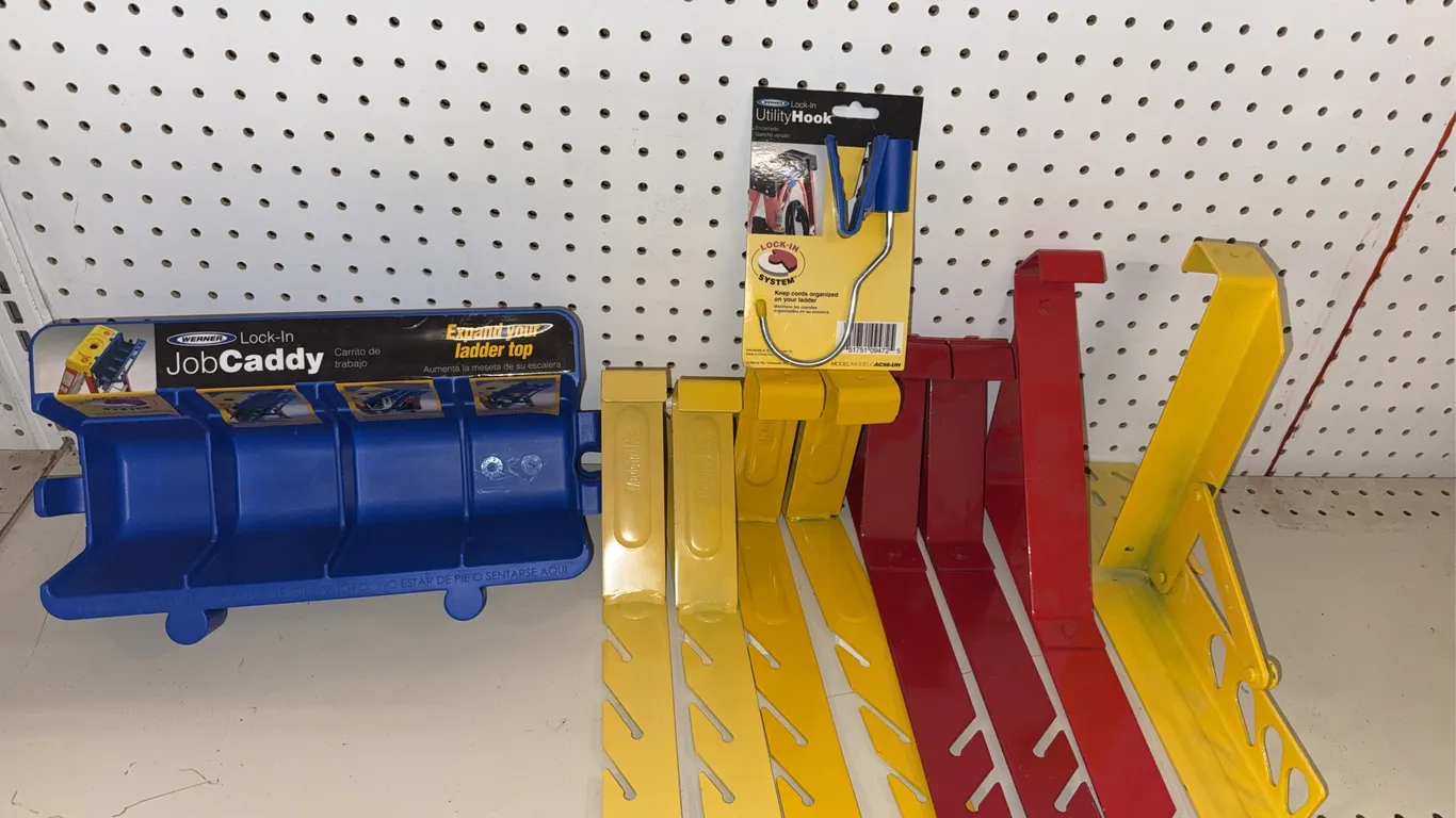 Metal, red and yellow brackets, and job caddy