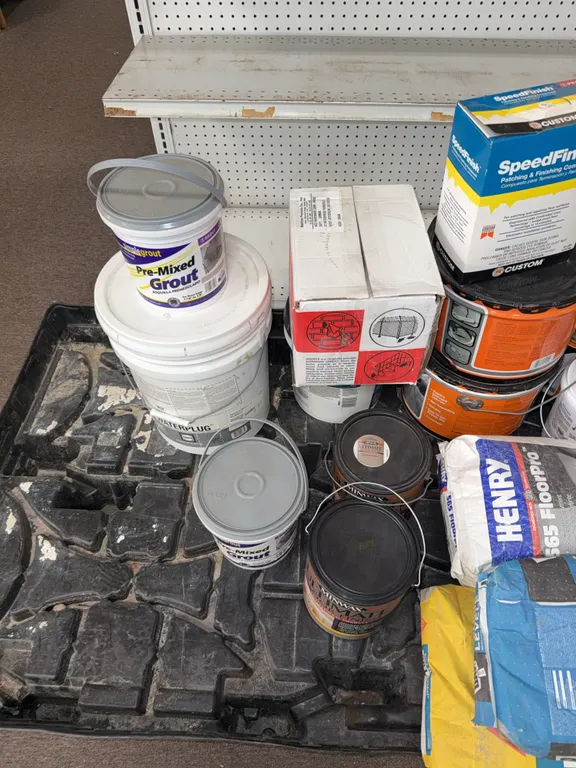 Assorted a lot of Plaster concrete patch, repair paint and grout buckets