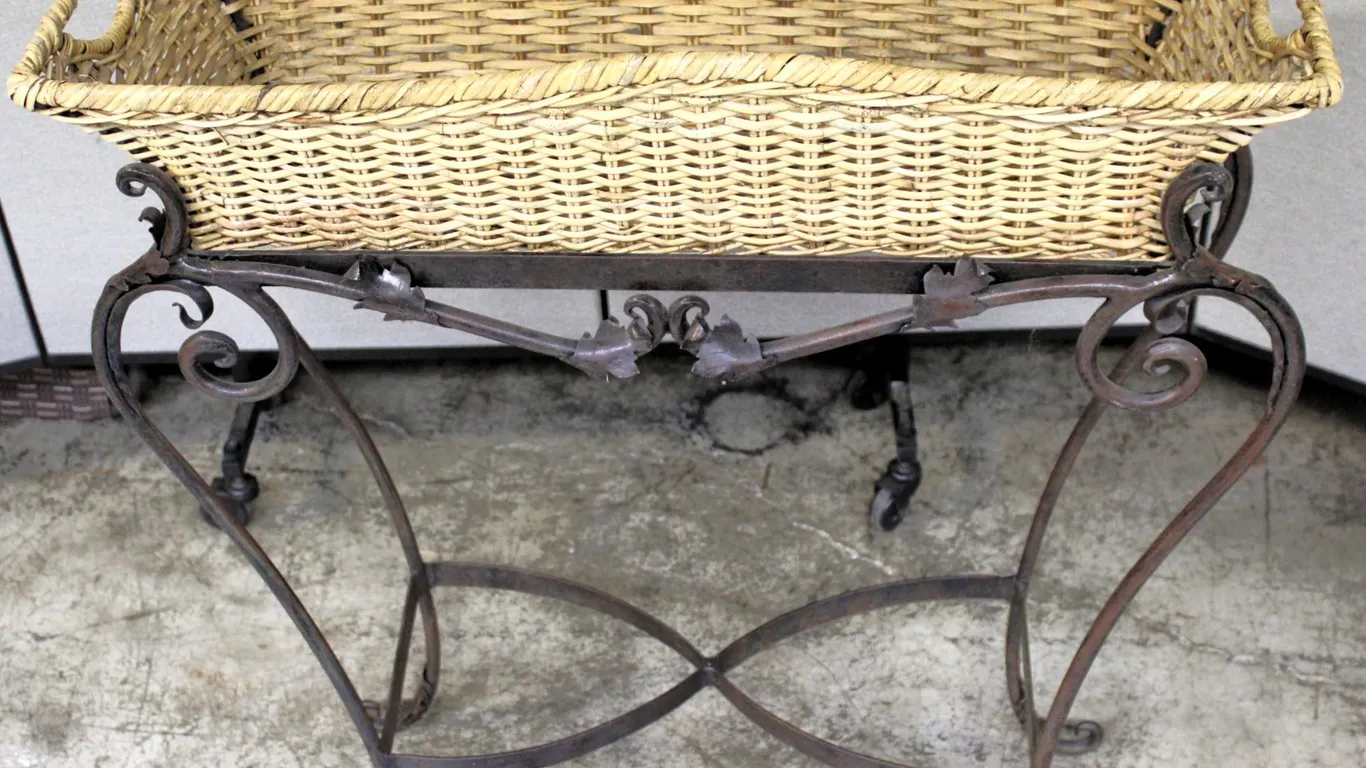 Wicker Basket With Metal Stand, Scroll Detailing