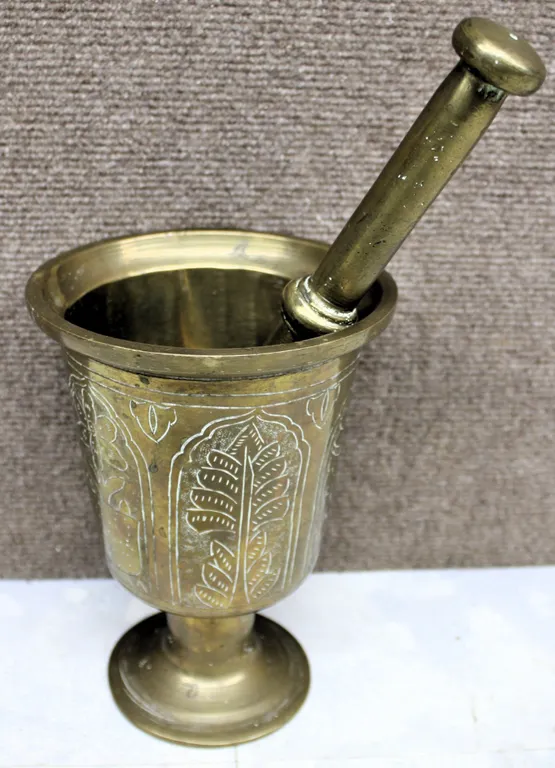 Brass Mortar and Pestle with Leaf Engraving