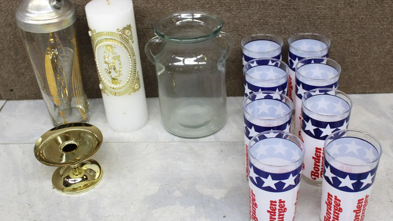 Borden Burger Glasses, Cocktail Shaker, Candle, Jar