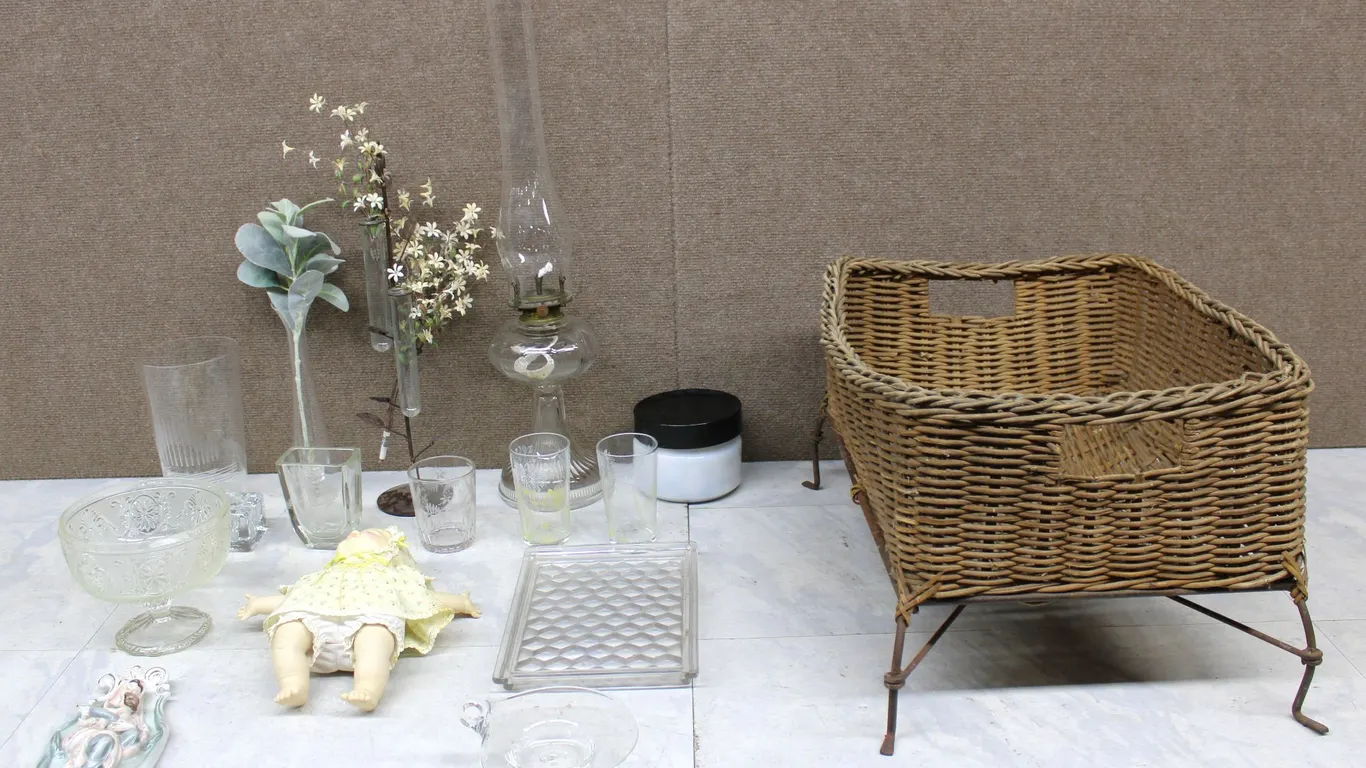 Glassware, Porcelain, Doll & Basket