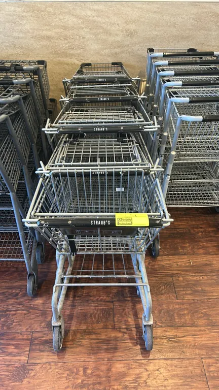 Metal wire shopping carts. Features nesting wire basket design, folding child seat, lower package tray, corner bumpers, and push handle. Mounted on ca