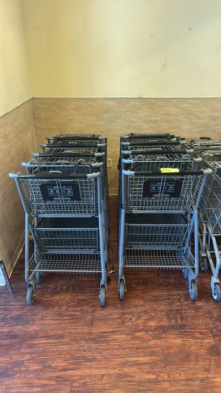Two-tier metal wire shopping carts. Features double-tier basket design, folding child seat, plastic handle sleeve, and corner bumpers. Mounted on swiv
