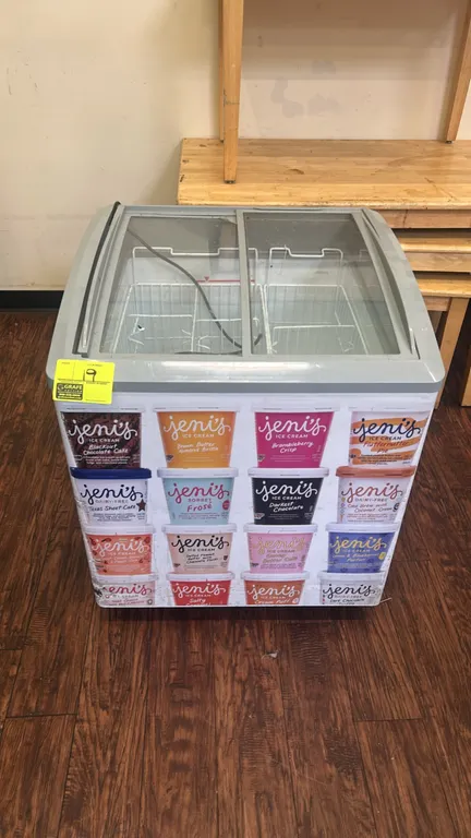 2019 Excellence Commercial Products VB-2HC commercial chest display freezer. Features curved sliding glass lids, interior wire baskets, and Jeni's Ice
