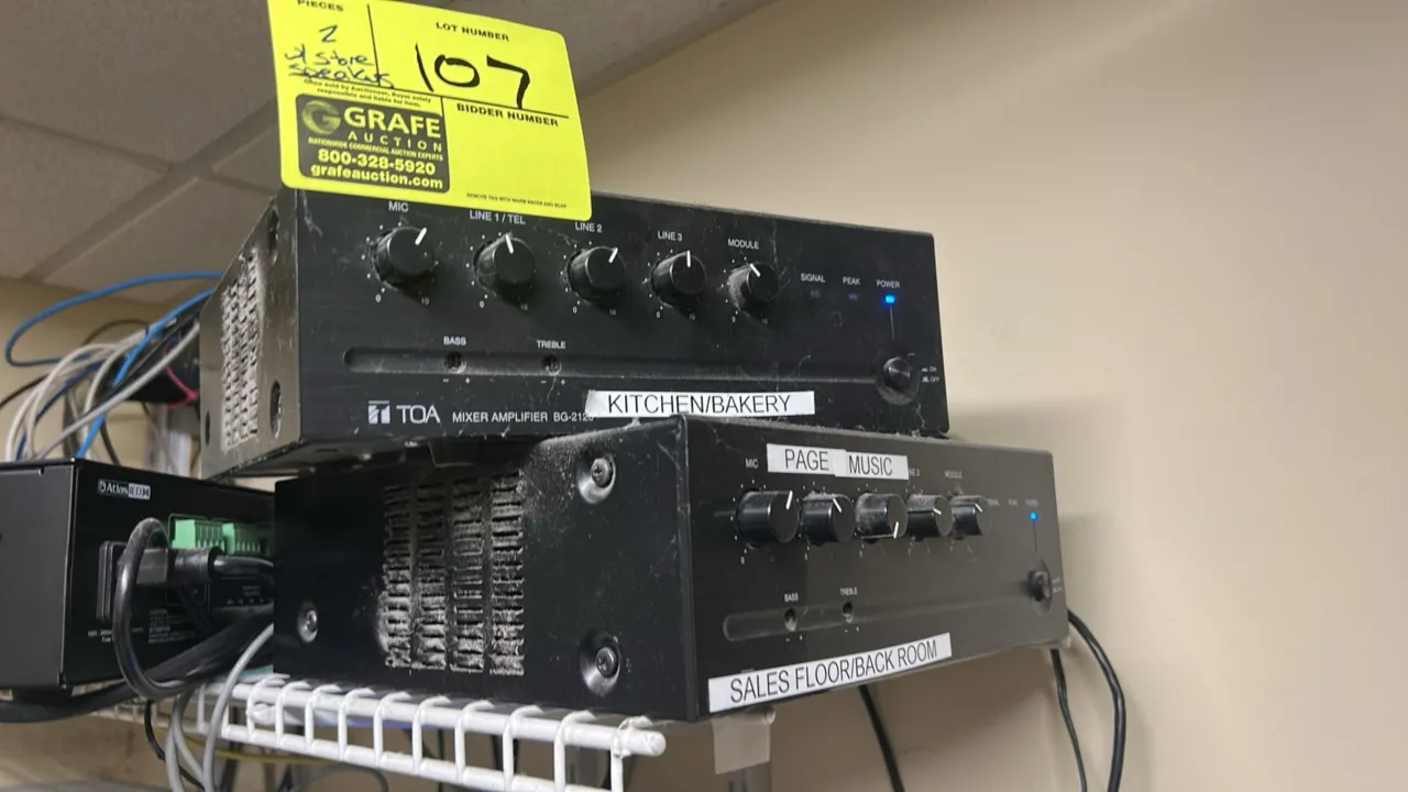 TOA BG-2120 5-input commercial mixer amplifiers. Features 5-channel mixing including Mic, Line 1/Tel, Line 2, Line 3, and Module inputs, rotary level