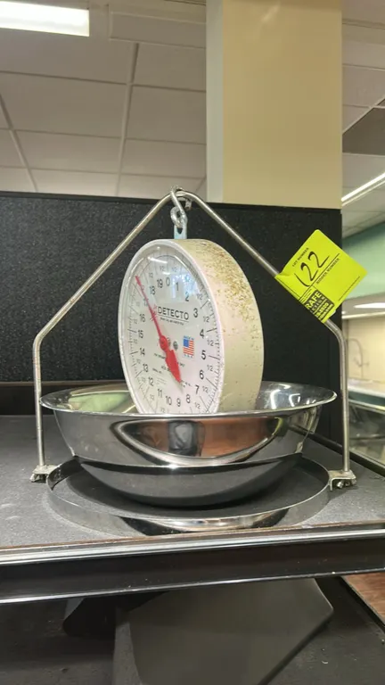 Detecto MCS Series hanging dial scale. Features double-sided dial, 20 lb capacity, stainless steel bowl pan, and bow suspension frame.
