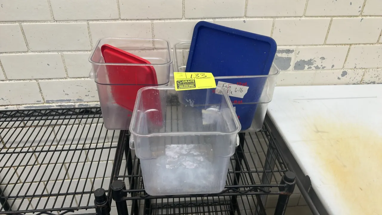 Assorted poly ingredient bins. Features clear polycarbonate construction with molded side handles and volume graduation markings. Includes (2) plastic