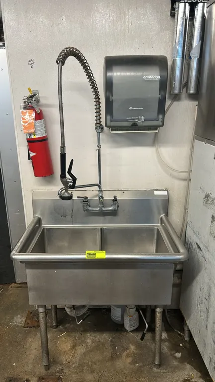 Stainless steel 2-compartment sink. Includes pre-rinse faucet assembly with overhead spring spray valve, lever waste drains, and wall-mount Georgia-Pa