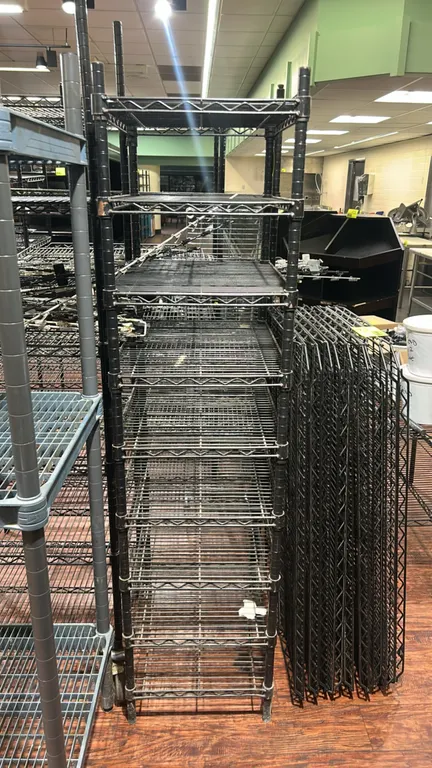 Metro metal wire multi-tier racks. Features adjustable wire shelves and tubular upright posts. Dimensions: 48" x 14", 48" x 21", and 24" x 18". Conten