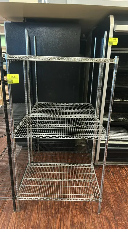 Metal wire 3-tier shelving racks. Features chrome finish wire construction, (3) adjustable wire shelves per unit, and adjustable leveling feet. Dimens