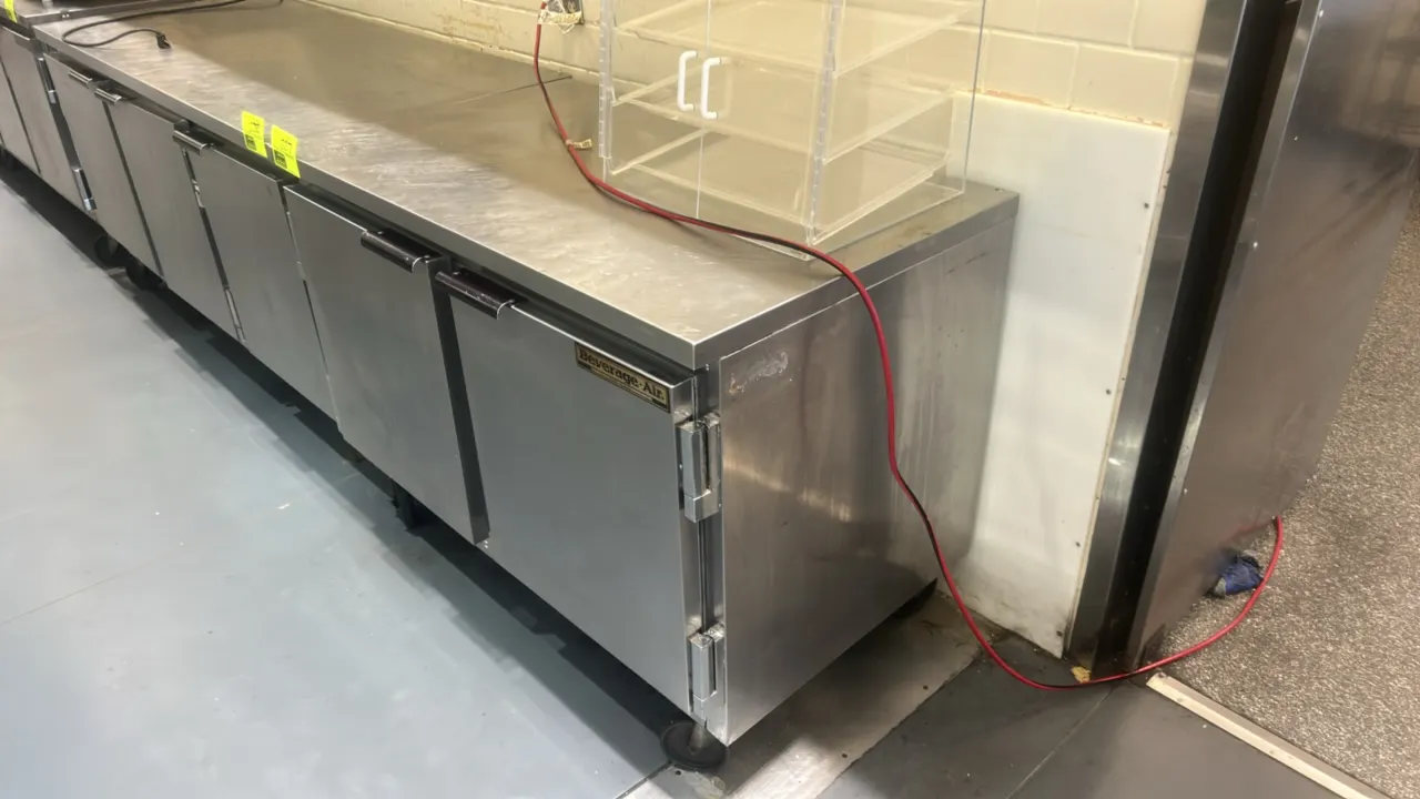 Beverage-Air WTR48A commercial undercounter refrigerator. Features stainless steel construction, 2 solid doors, (1) interior wire shelf, and self-cont
