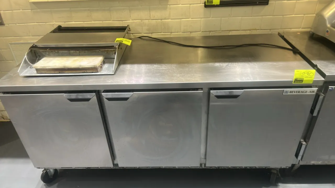 Beverage-Air WTR72AHC commercial undercounter refrigerator. Features stainless steel 3-door construction, self-contained refrigeration system, and adj