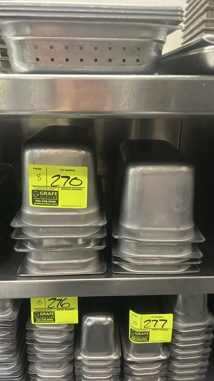 Metal 1/3-size food pan inserts. 6" depth.