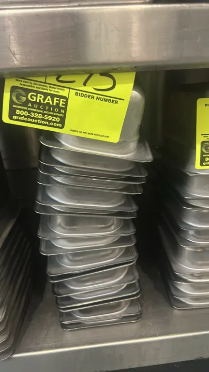 Stainless steel food pan inserts. 7" x 4" x 3"D.
